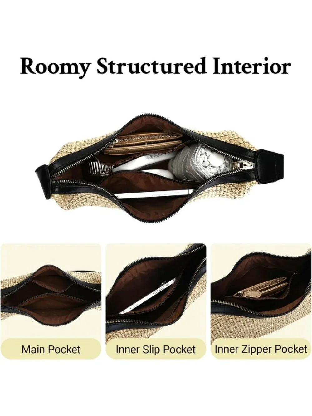 Stylish Straw Crescent Hobo Bag for Women | 3-Way Carry: Handbag, Shoulder